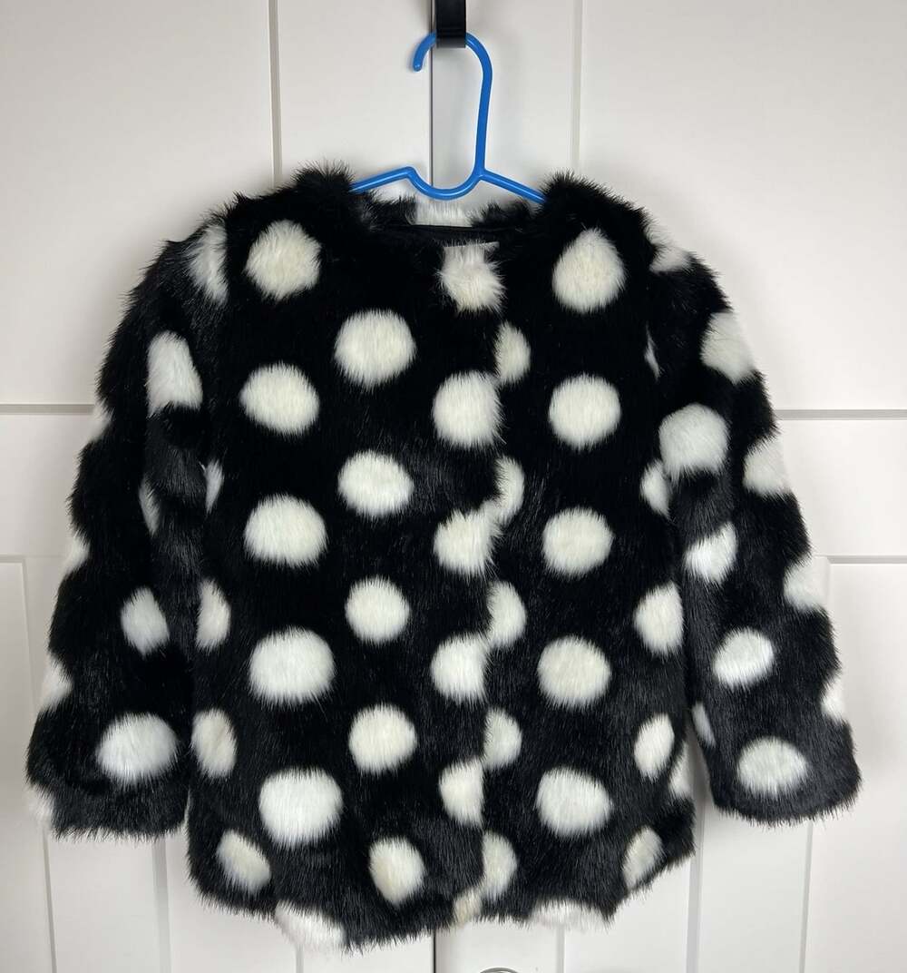 Kate Spade Girls Faux Fur Coat Size 8 Black White Polka Dot Jacket